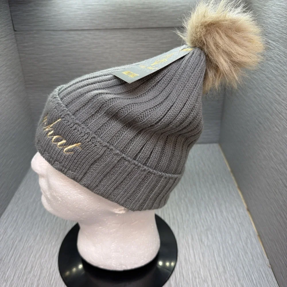 Baby Phat Beanie Knit Hat Grey‎ Faux Fur Pom Y2K Streetwear One Size